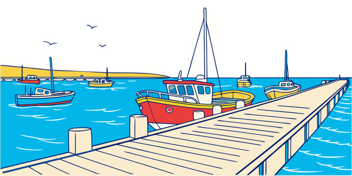 A red boat sitting on a dock in the water Vector