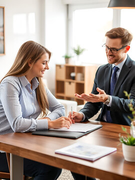 Real estate agent and client are negotiating prices before signing and discussing home purchases, insurance or moving home or renting property.