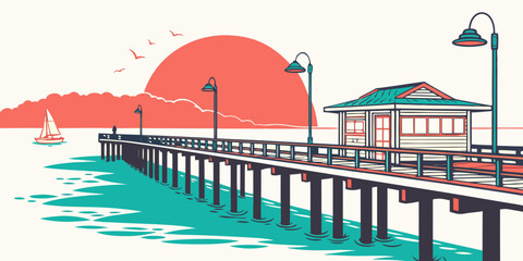 A pier with a building and street lamps at sunset Vector © Adobe 