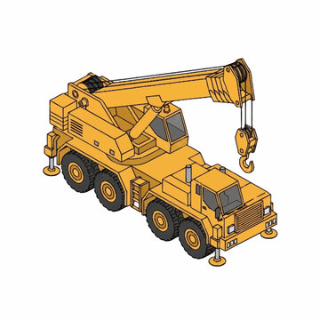 Isometric illustration of a yellow crane truck with outriggers extended, ready for lifting operations.