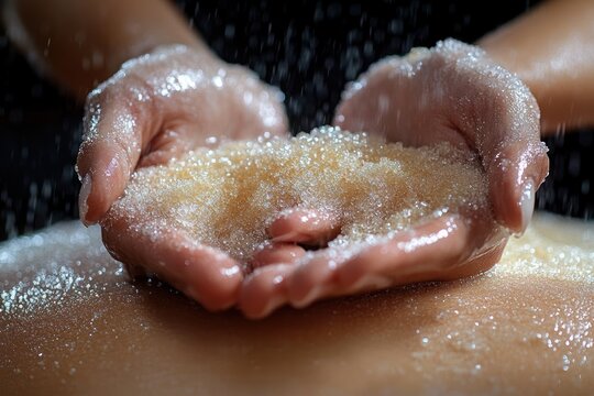 Cupped hands holding glistening brown sugar scrub over bare back with falling water droplets, conveying soothing indulgent spa relaxation