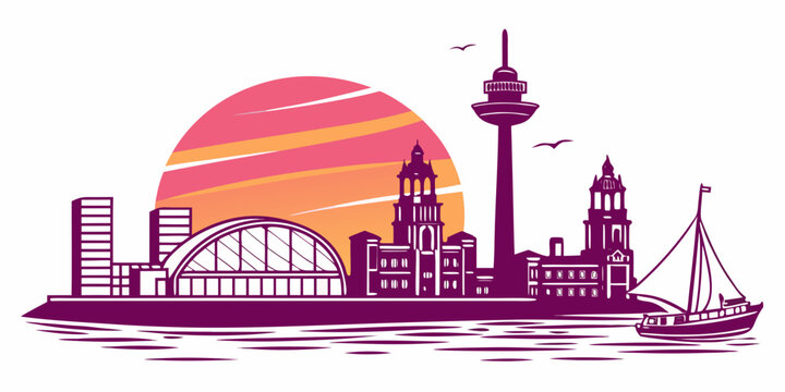 A city skyline with a tower and a bridge Vector