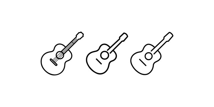 Acoustic guitar icon vector set, outline musical instrument drawing, simple flat design of three guitars, string instrument line art