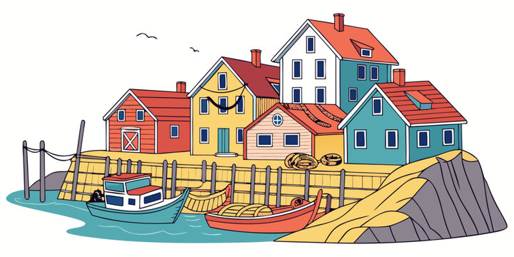 A colorful illustration of a small coastal village Vector