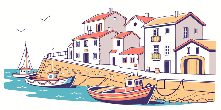 A small coastal town with boats docked in the water Vector