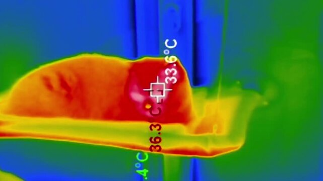 An infrared camera displays the bright heat signature of a resting cat with a temperature overlay. Concept of thermal imaging technology, animal physiology, and modern science.