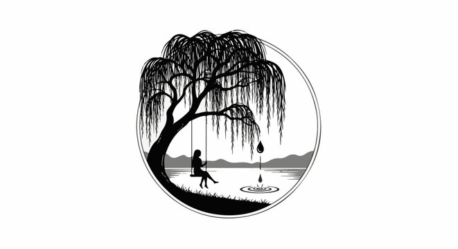 Silhouette of a girl on a swing under a weeping willow tree by a serene lake