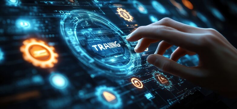 focused hand interacting with holographic training interface showing glowing digital gears, security and media icons on a futuristic neon touchscreen