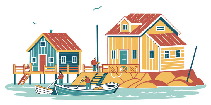 A cartoon illustration of two houses on the water Vector