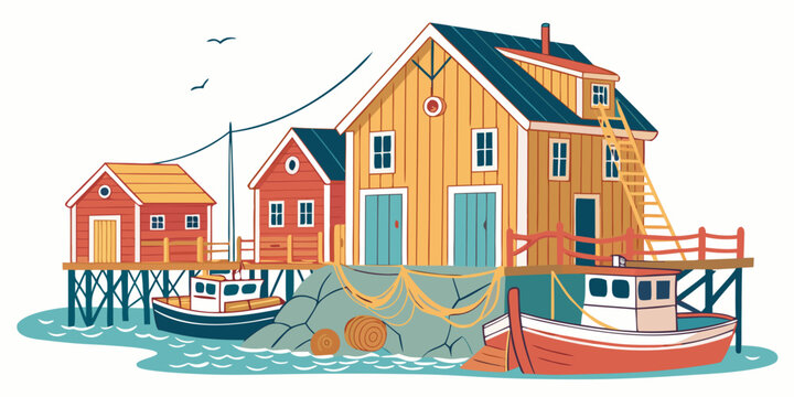 A colorful illustration of a house on stilts with a boat Vector