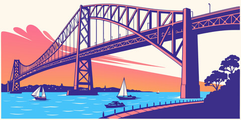 Obraz premium A large steel bridge over a body of water Vector