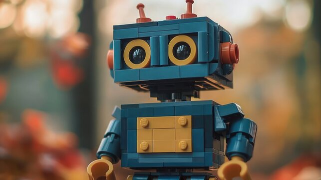 small blue and yellow brick robot toy with round eyes, antennas and blocky arms standing outdoors against warm autumn bokeh, playful curious expression