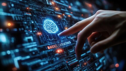 Obraz premium Human finger touching a glowing digital brain icon on a futuristic holographic circuit interface with blue and orange lights expressing curiosity and control