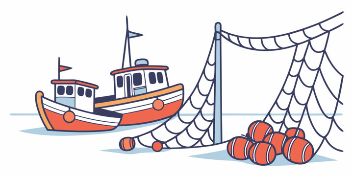 An orange fishing boat with a net and buoys Vector