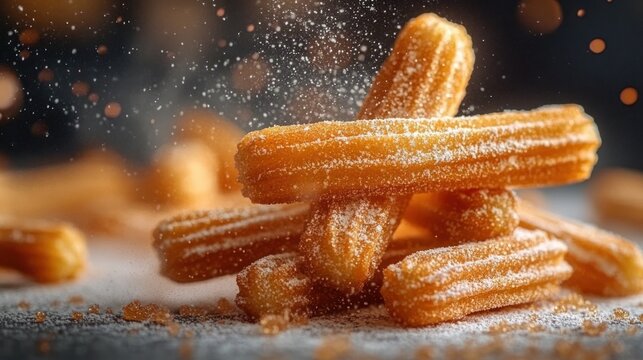 stack of golden churros dusted with powdered sugar and falling sugar sprinkles, warm inviting close-up evoking indulgent craving