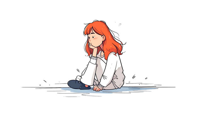 An animated redhead in white sweats sits dejectedly, chin resting on hand, on a dark backdrop