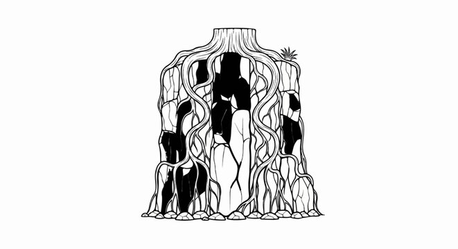 Stylized abstract depiction of a columnar structure formed by roots and rock formations