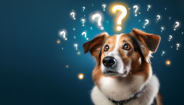dog thinking with question mark lights above its head background with space for text