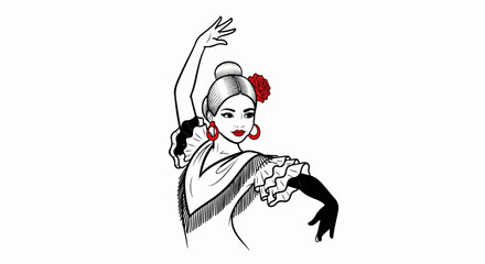 Obraz premium Stylized black and white drawing of a woman in flamenco attire with a red flower