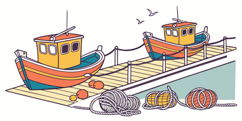 Two boats are docked at a pier with fishing nets and buoys Vector © Adobe 