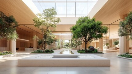 Naklejka premium Sunlit modern atrium with indoor trees, central reflecting pool, wood-paneled ceiling and glass walls, serene and tranquil atmosphere