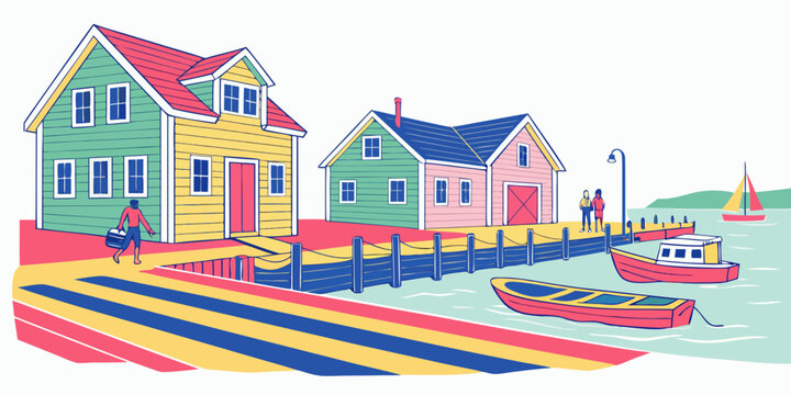 A colorful illustration of a small coastal town with houses and boats Vector