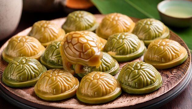 traditional singapore ang ku kueh sweets with turtle shell pattern