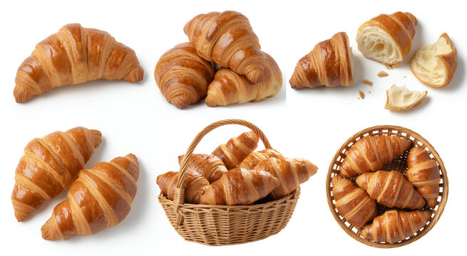 Croissants in baskets on white background bread pastry breakfast baked
