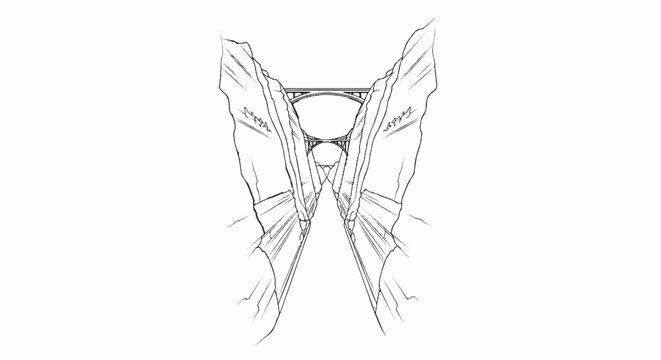 Sketch of a high arch bridge spanning a deep canyon with steep walls
