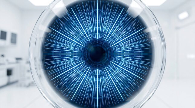 Extreme close-up of a futuristic digital blue iris within a transparent sphere suggests advanced vision technology or optical diagnostics in a sterile setting.