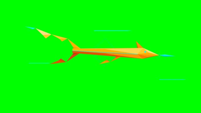 Dynamic Low Polygon Swordfish Animation Gliding Across a Vibrant Green Screen Backdrop with Stylized Motion Lines for Digital Compositing Projects