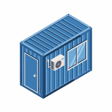 Isometric view of a blue shipping container house.