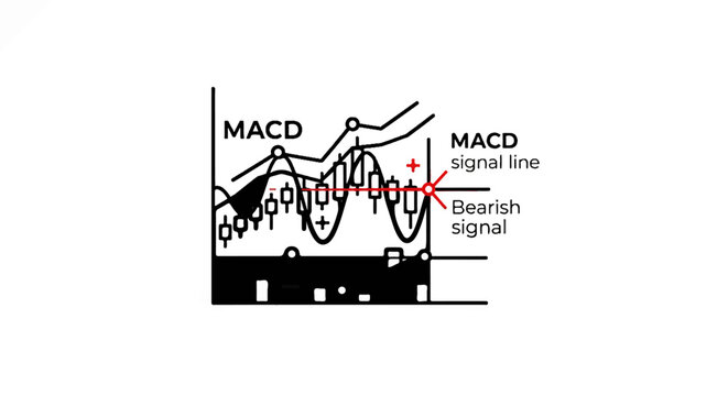 Stylized financial chart illustrating MACD indicator and bearish signal