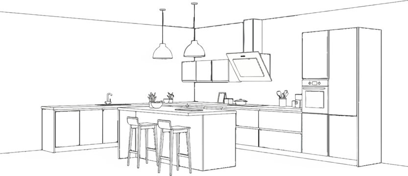 Sketch of a modern corner kitchen with island, cabinets, and appliances