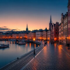Fototapeta premium Stockholms Gamla Stan at Dusk - A Captivating Urban Landscape.