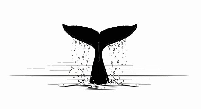 Stylized black whale tail emerges from splashing water at sunset