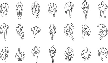 Collection of twenty black and white line drawings showing top‑down silhouettes of human figures in walking, standing, and motion poses for architectural and design layout use © Rina