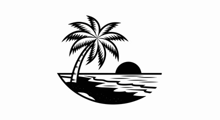 Fototapeta premium Stylized black and white beach scene with palm tree and setting sun