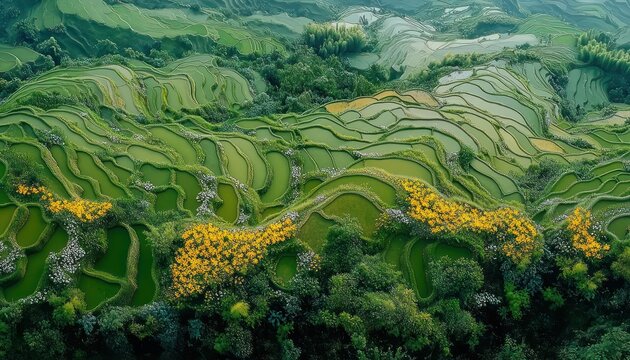 aerial view of terraced green rice paddies with water-filled steps, winding layered contours, clusters of yellow flowering trees and lush forest, serene and harmonious rural scene