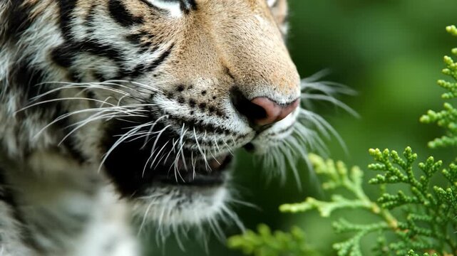 Close-up of a magnificent tiger face showing whisker detail, stripes and green foliage.