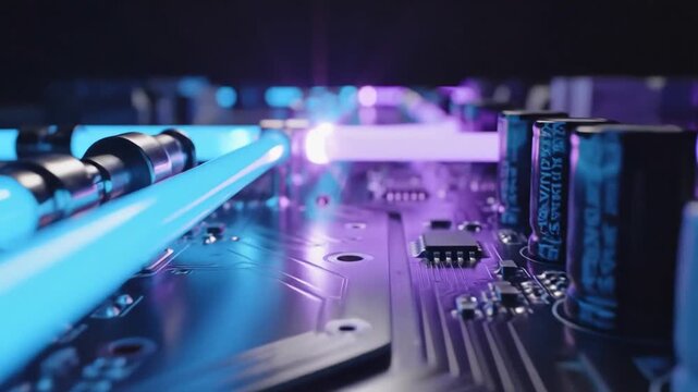 Closeup of glowing computer motherboard with blue and purple lights.
