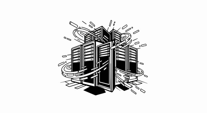 Stylized black and white illustration of a cluster of servers with abstract motion lines