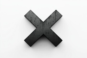 Obraz premium large three-dimensional black diagonal cross with weathered metal texture on a clean white background casting a soft shadow, conveying stark industrial minimalism