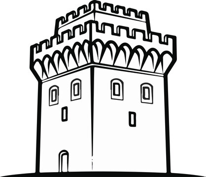 Stylized black and white illustration of a crenellated tower with arched parapet