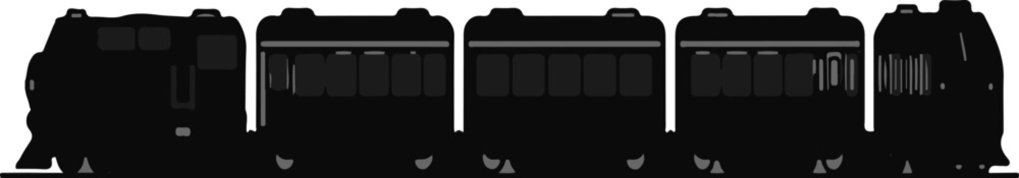 Stylized, dark silhouette of a steam train with carriages