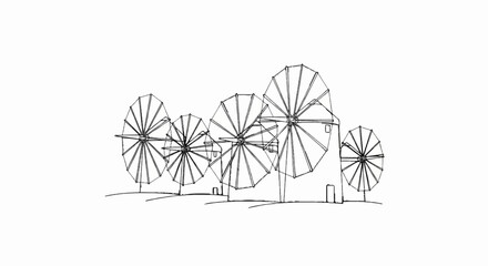 Fototapeta premium Sketch of old windmills with large rotating sails against a white background