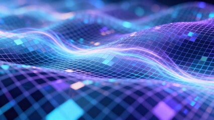 Fototapeta premium Vibrant abstract ai consciousness field with layered holographic grids and soft energy waves in purple blue and pink hues futuristic digital landscape background