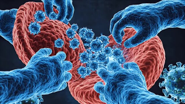 Microscopic View Red Blood Cell Undergoing Viral Infection and Immune System Response Deep Blue Background Detailed 3D CGI Medical Animation