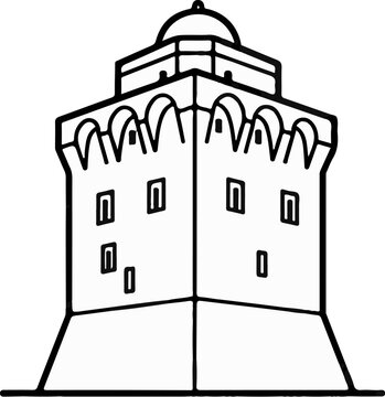 Stylized depiction of a multi-story fortified structure with arched crenellations and a dome
