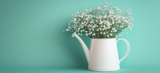 white watering can filled with delicate white baby's breath flowers against a mint teal background, serene and fresh still life